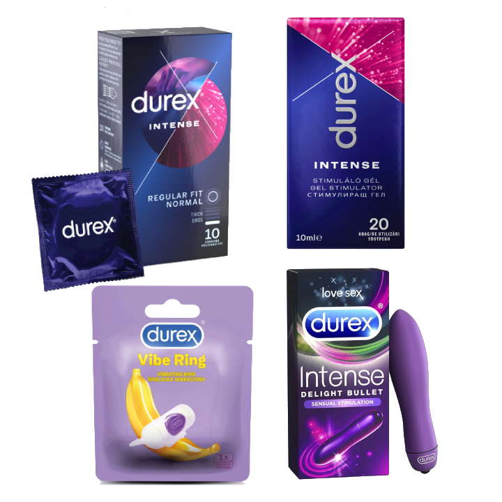 Pachet Prezervative Durex Intense 10 bucati + Lubrifiant Gel Intense 10 ml + Inel Vibrator + Delight Bullet 
